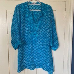 Amaya 100% silk blue and turquoise embroidered tunic - size 42 (MED/LG)
